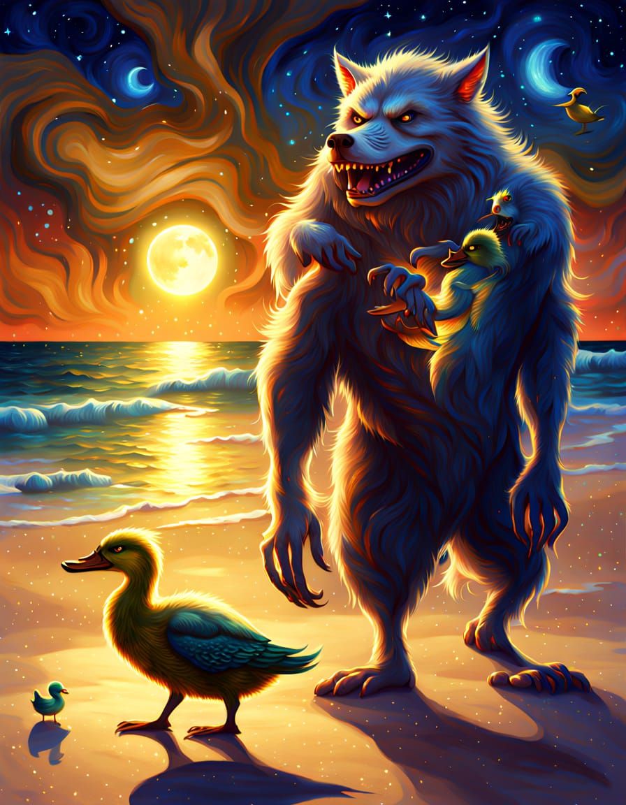 Werewolf and Duck Beach Holiday in Oil Painting Style
