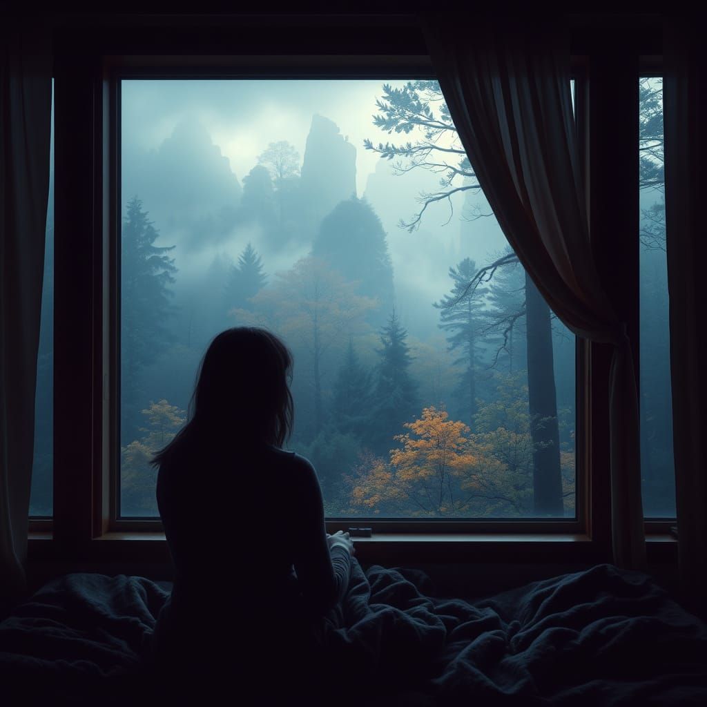 Misty Forest View Through Window, Ethereal Art