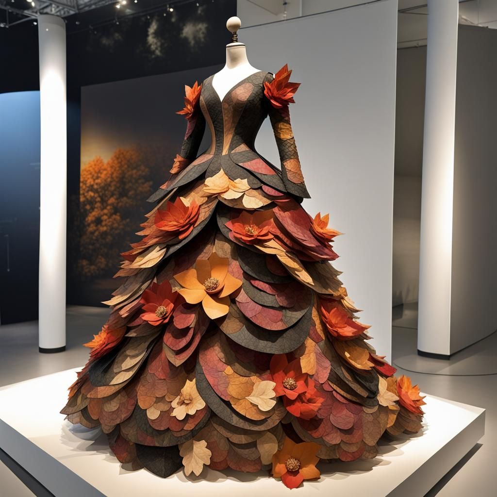 Layered Petal Paper Collage Ballgown on a Display Mannequin,...