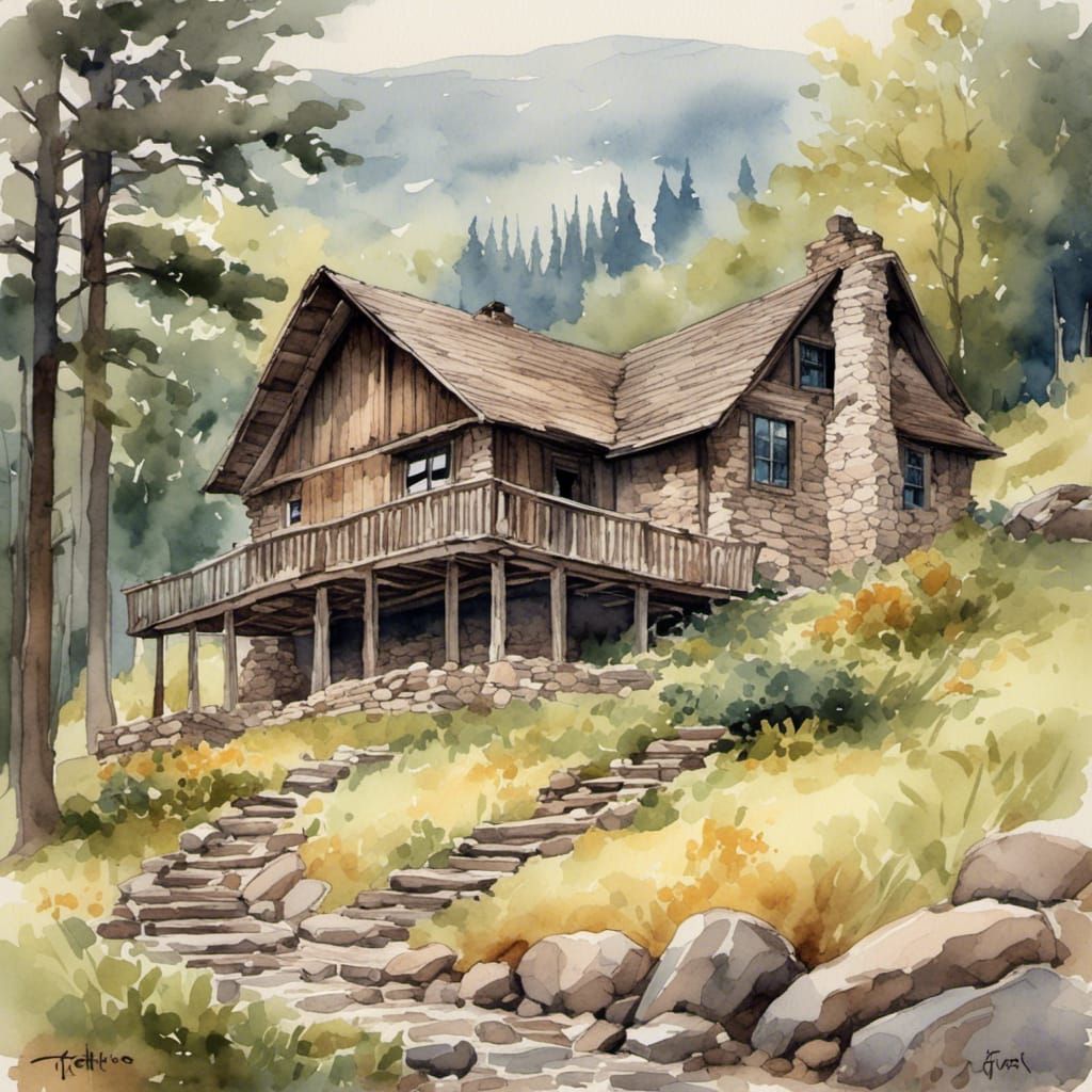 Rustic hillside stone cabin