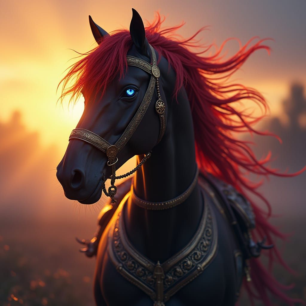 Dark Fantasy Arabian Horse in Majestic Sunset Harnessed with...