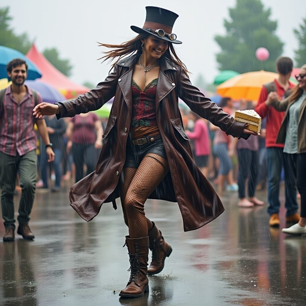 Steampunk Woman Dancing in the Rain with Cake