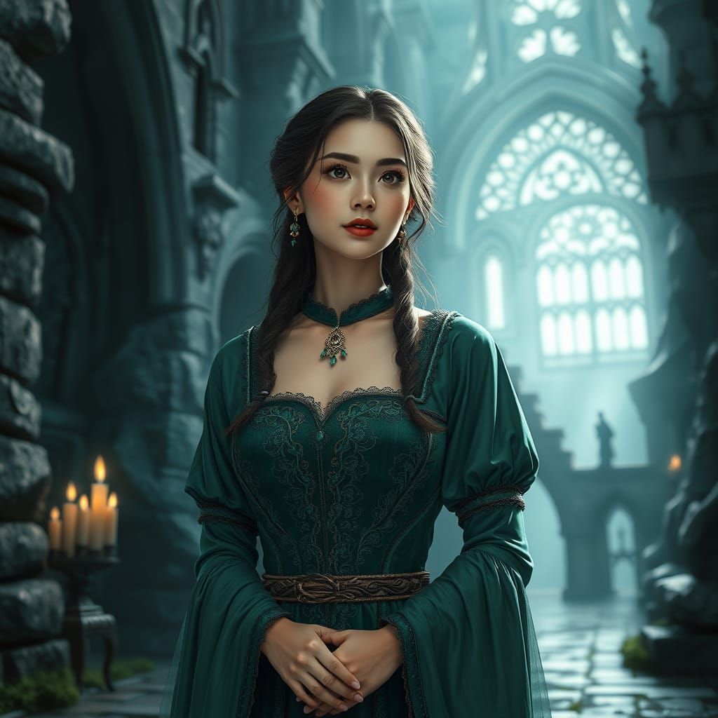 Monochrome Medieval Woman in Mystical Quantum Castle