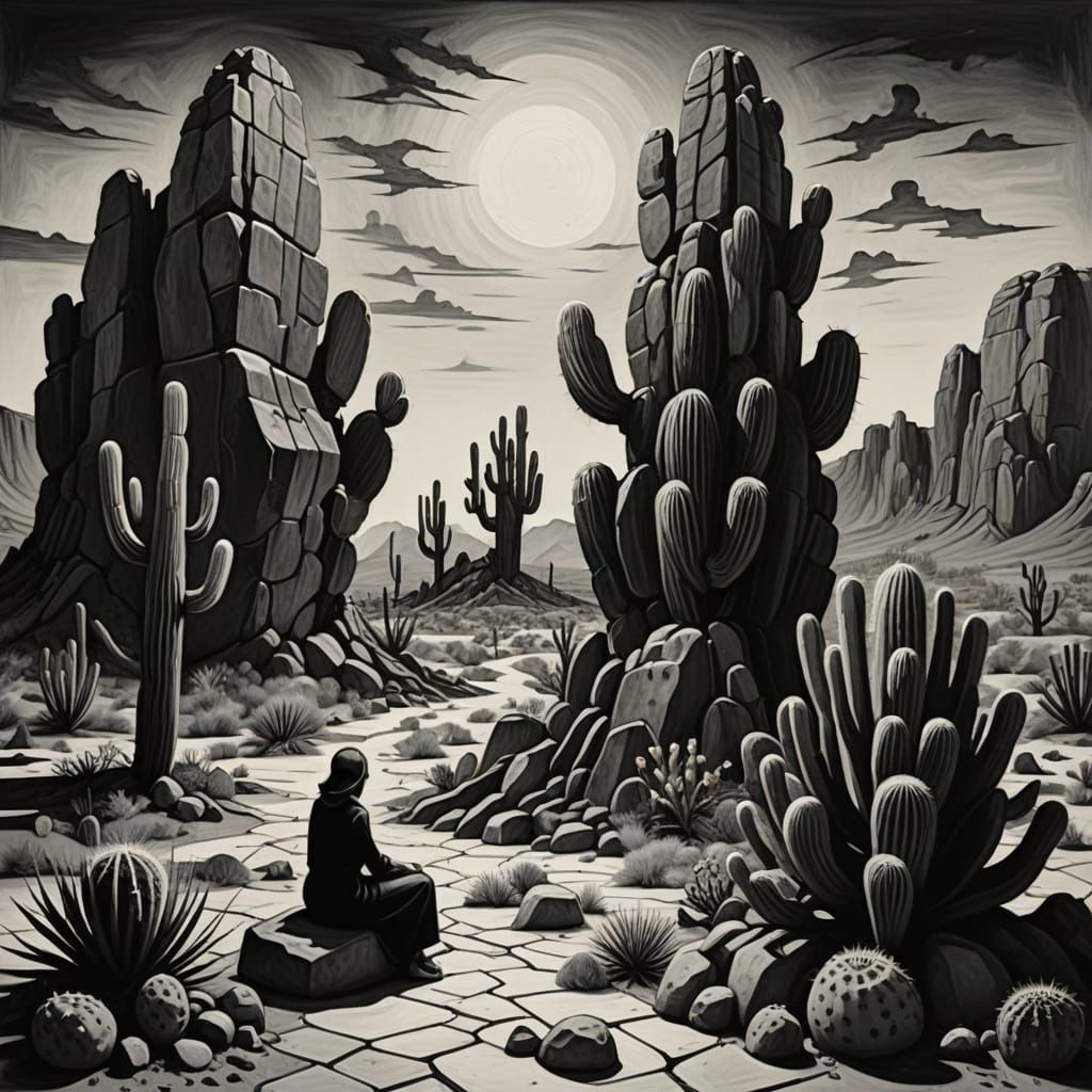 Macabre Desert Landscape in Style of Charcoal Drawing