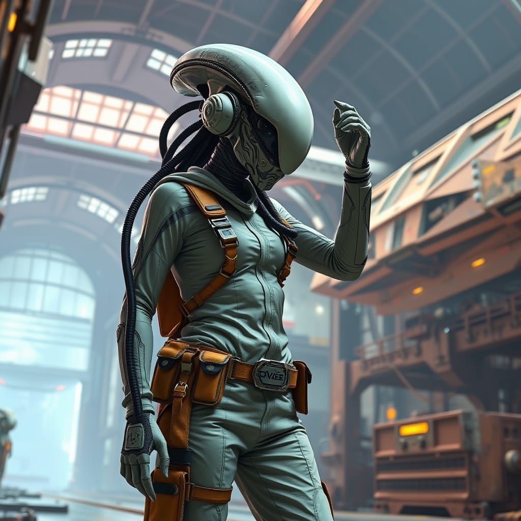 Alien Woman Builds Spaceship in Futuristic Hangar