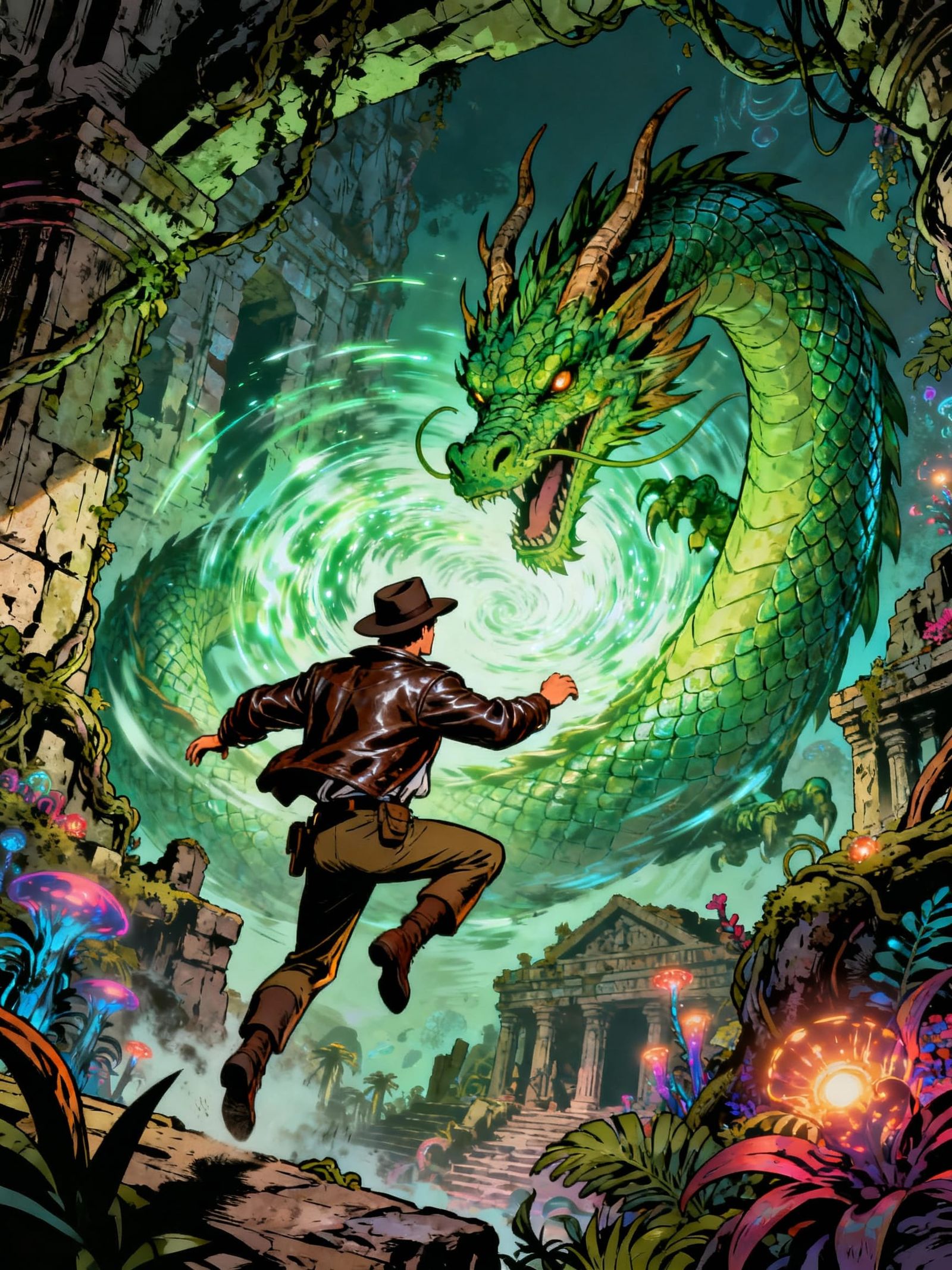 Explorer Escapes Dragon from Magic Vortex in Jungle Temple