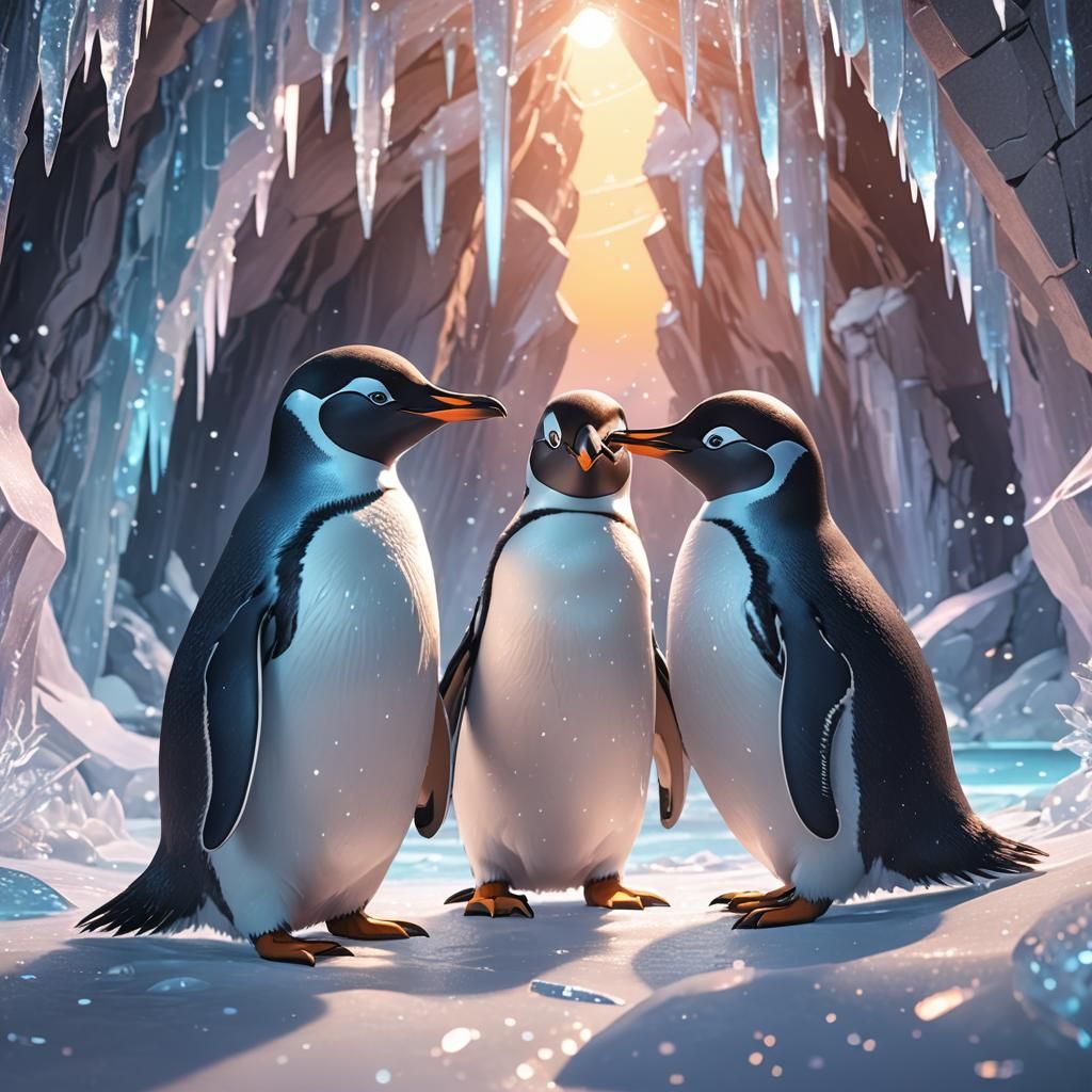 Penguins Chatting in an Icy Cave: 3D Anime Art