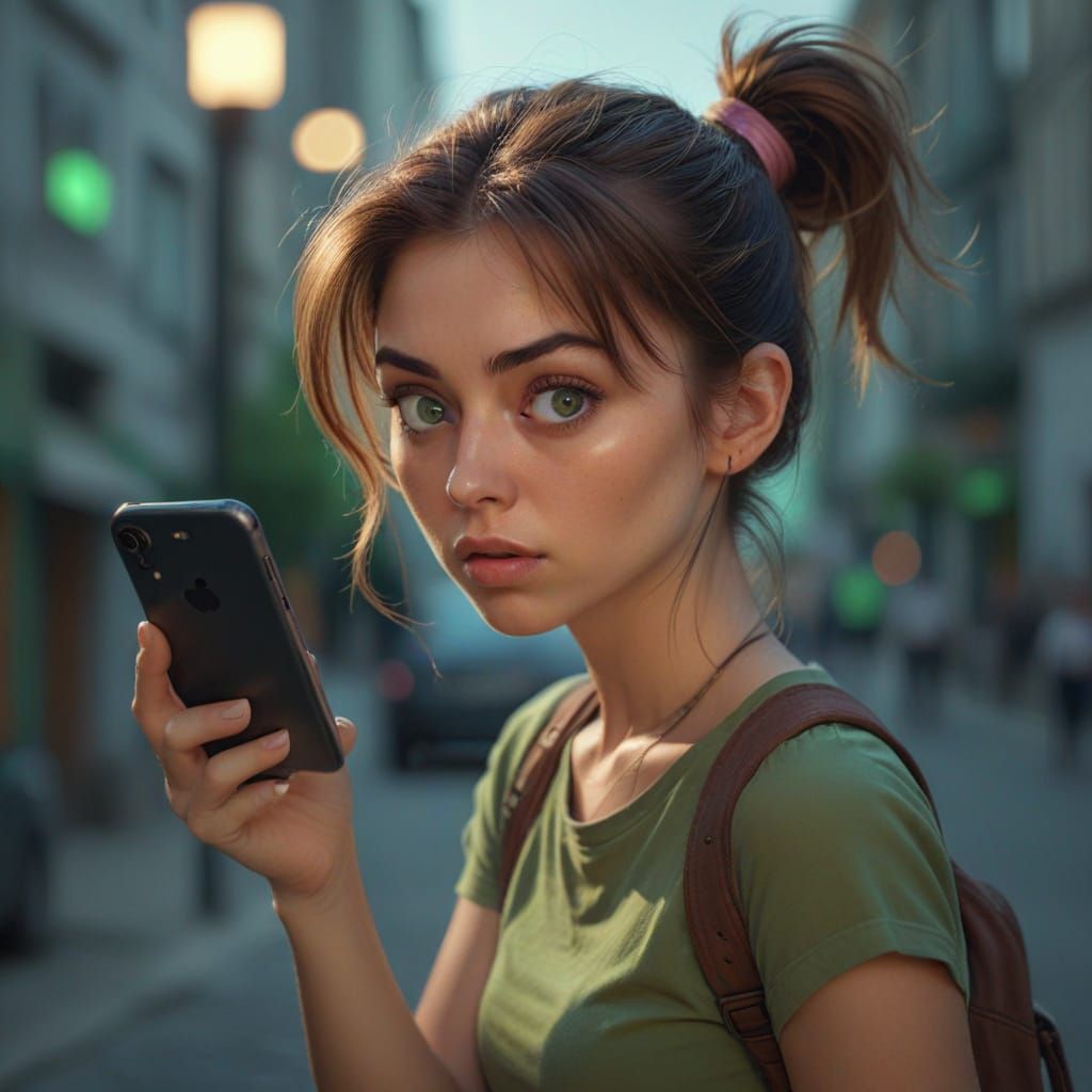 Shocked Woman with Green Eyes: Hyperrealistic Portrait