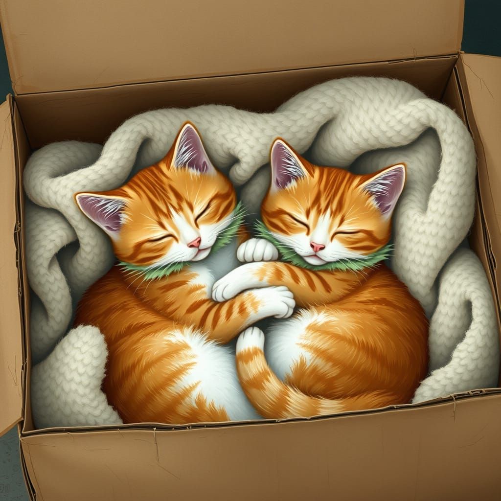 Ginger Kittens Sleeping in Cozy Box, Whimsical Illustration