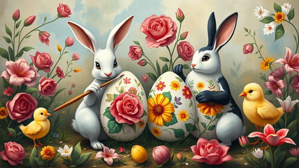 Rabbits and Chicks Painting Easter Eggs in Cubist Style