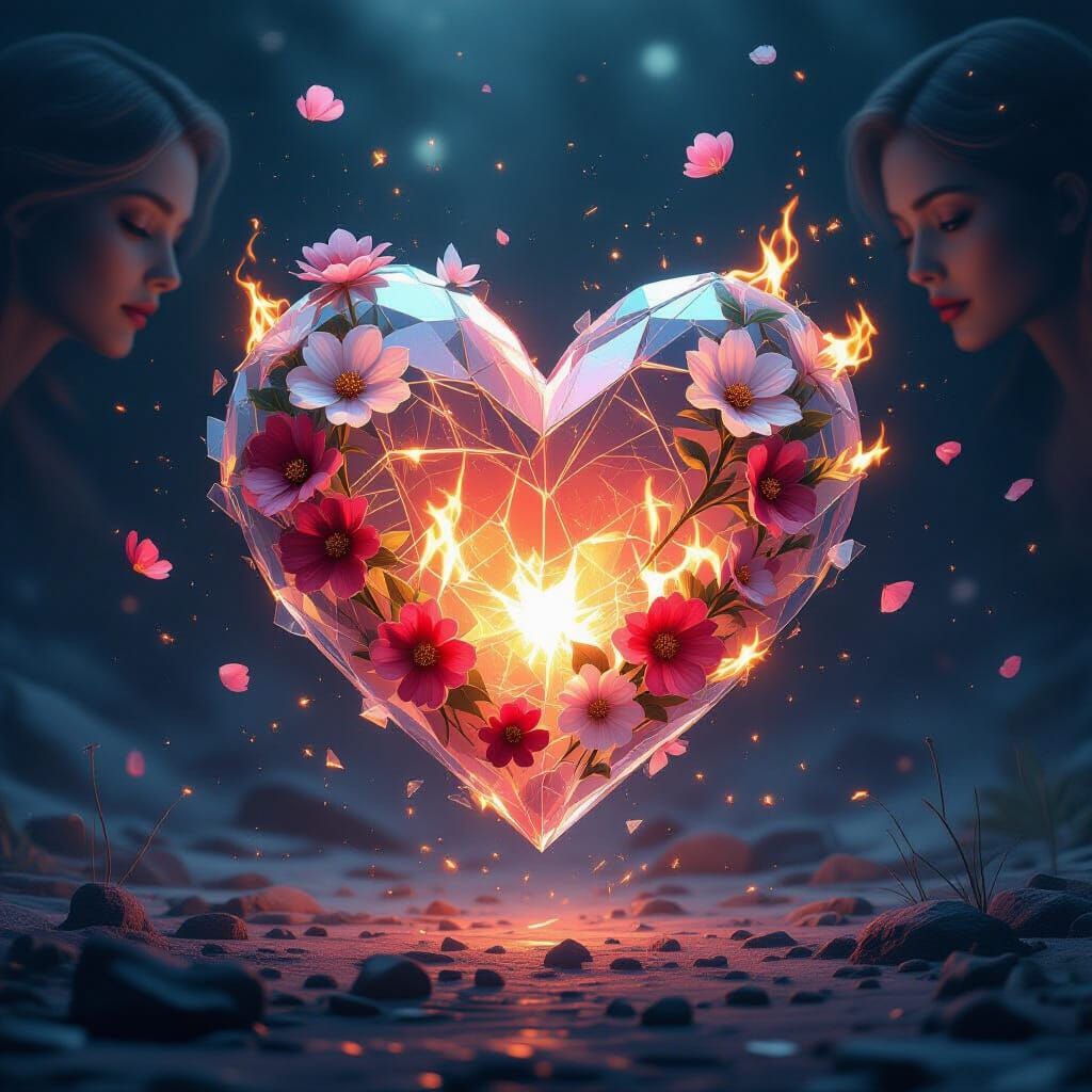 Crystalline Heart with Flowers and Shattered Memories