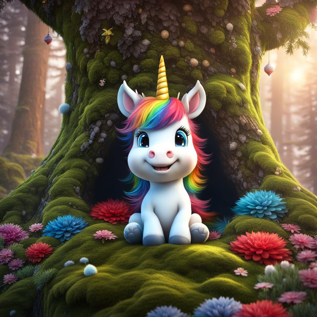 Fluffy Rainbow Unicorn with Santa Hat in Fantasy Forest