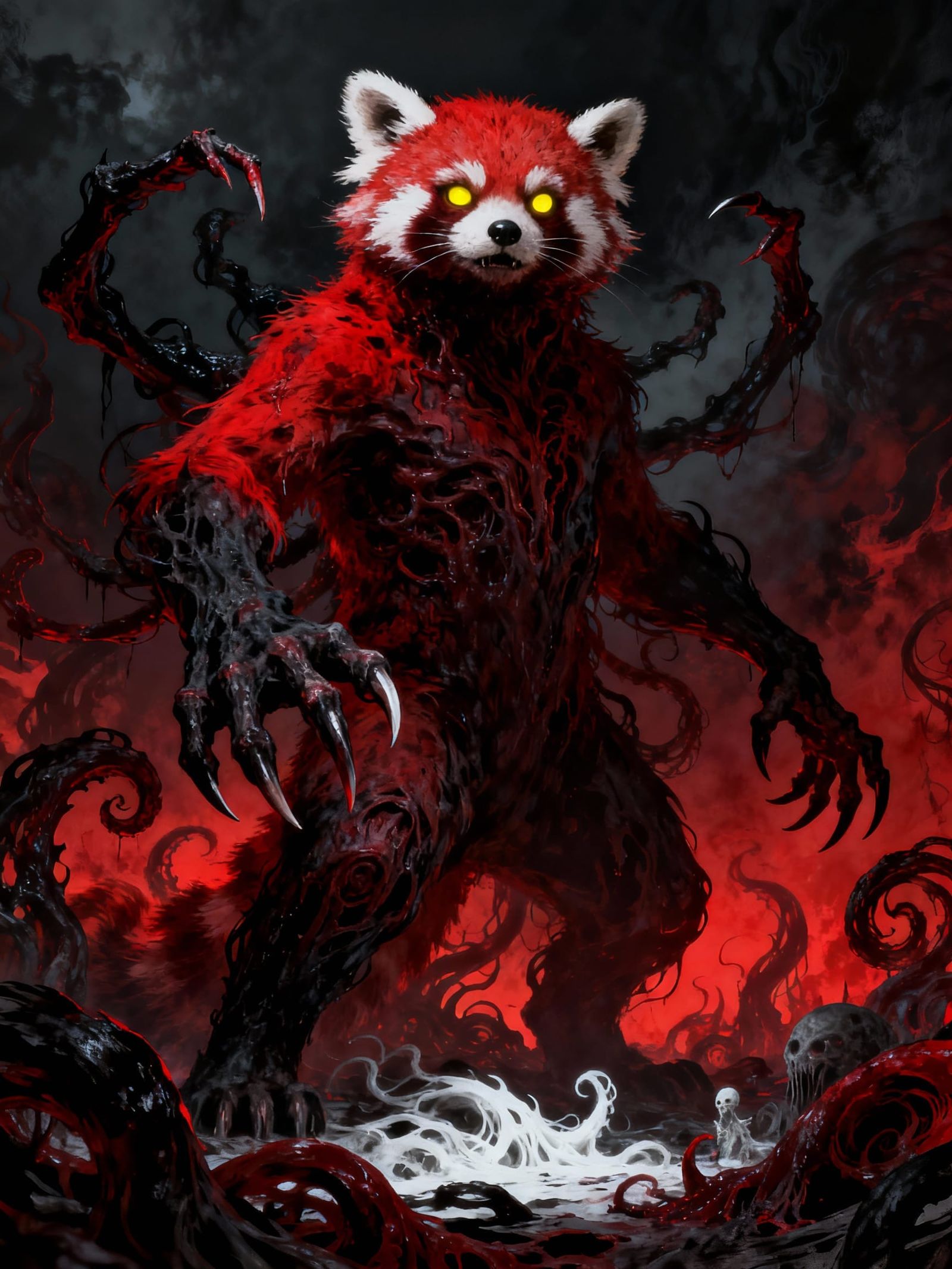 Eldritch Red Panda Horror in Hellish Landscape