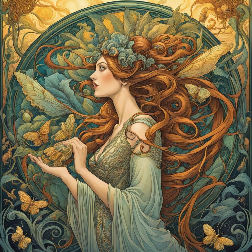 Art Nouveau Insect Goddess with Swirling Magic