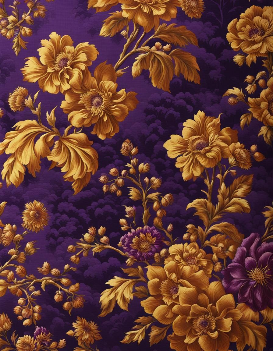 Photorealistic Floral Brocade Fabric in Purple and Gold