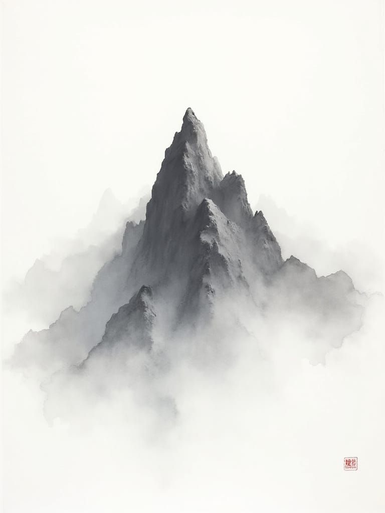 Majestic Mountain Peak in Watercolor and China Ink