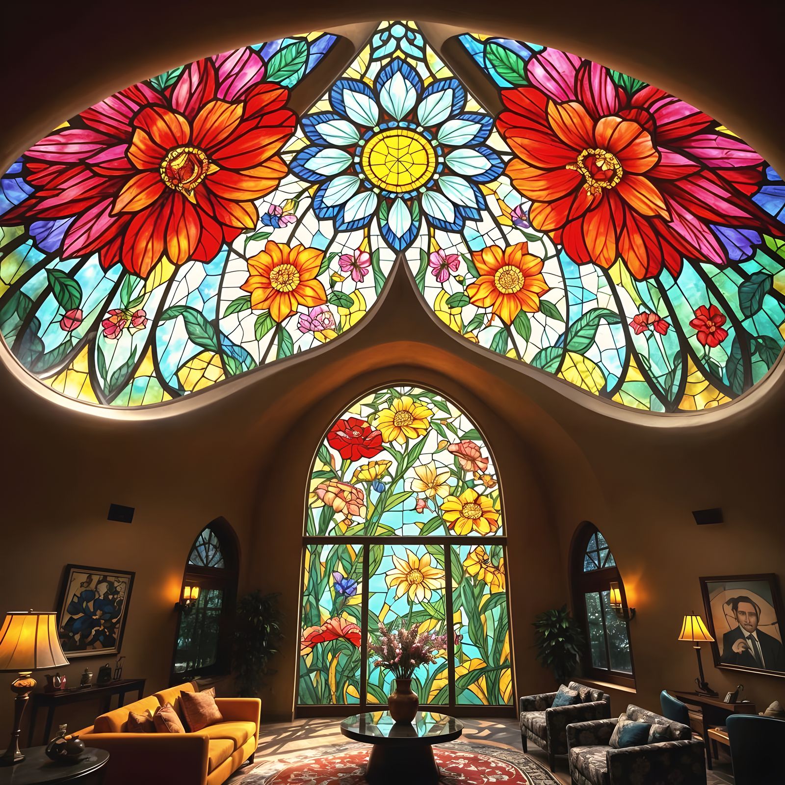 Biomorphic Hotel with Floral Stained Glass Window