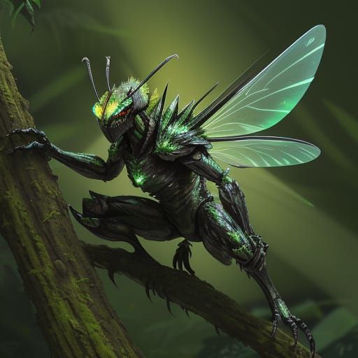 Menacing Armored Insect with Translucent Wings