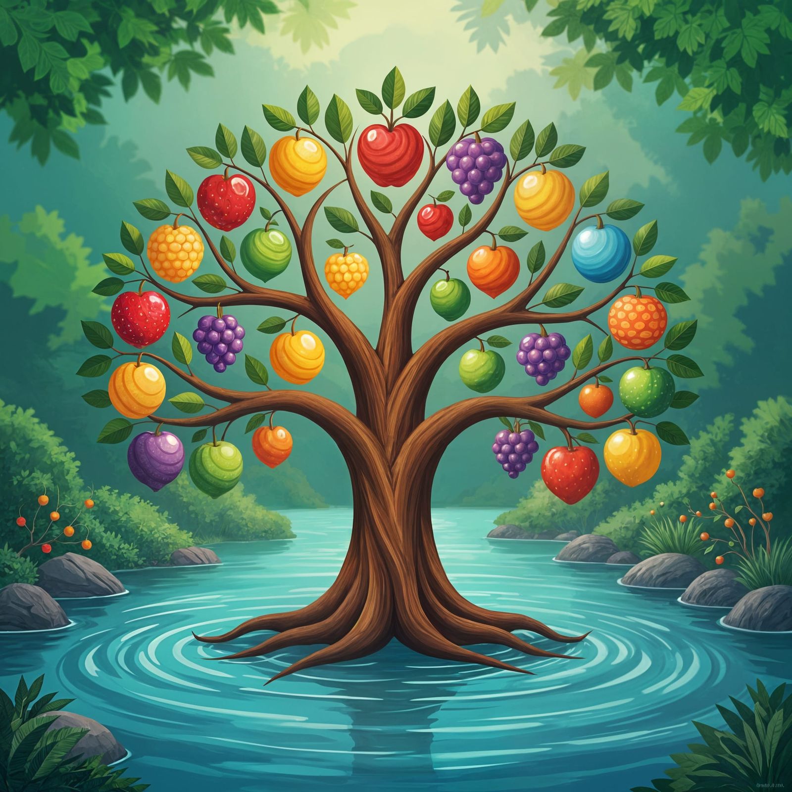 Tree of Life with Fruits Reflected in River
