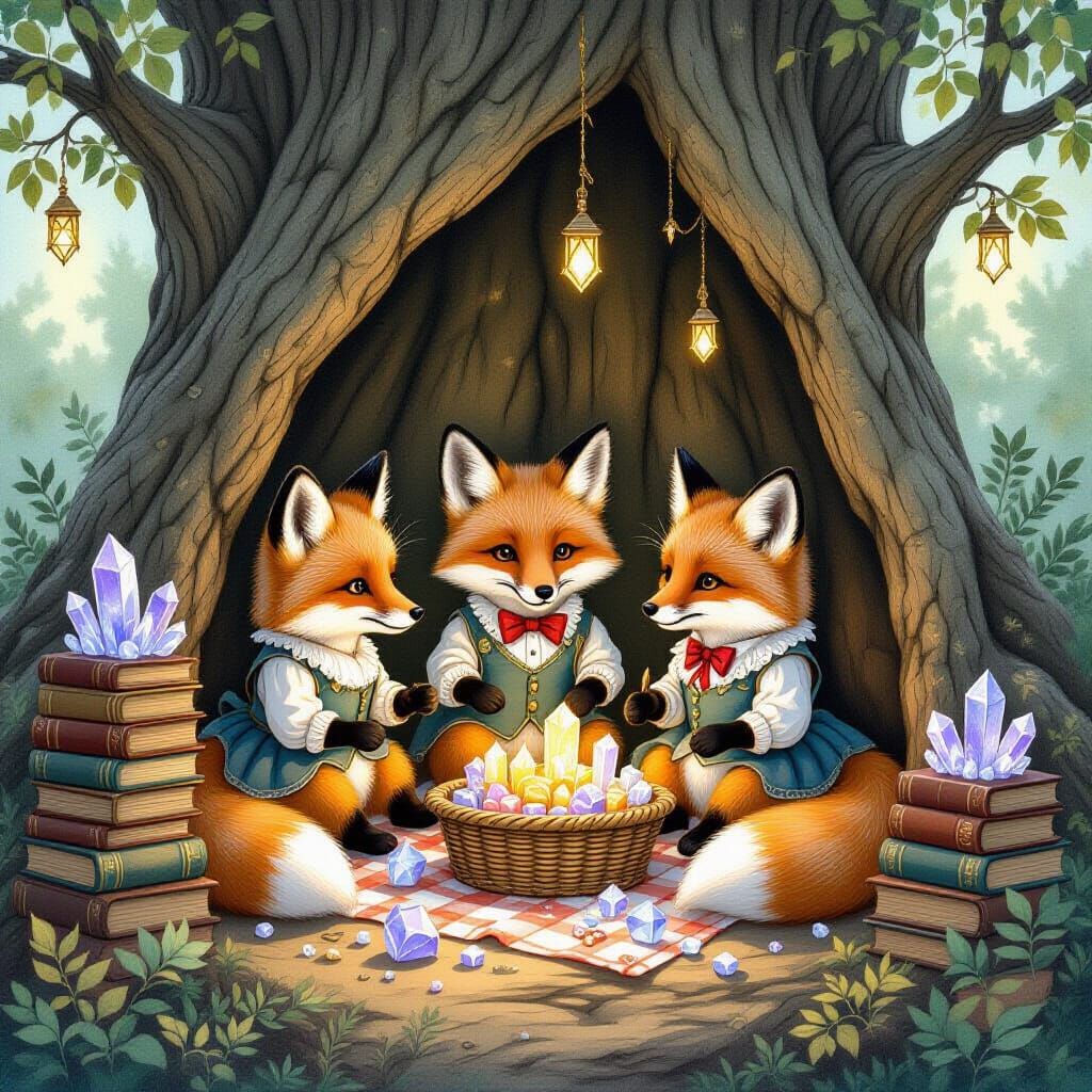 Foxes' Whimsical Picnic Amidst Glowing Crystals