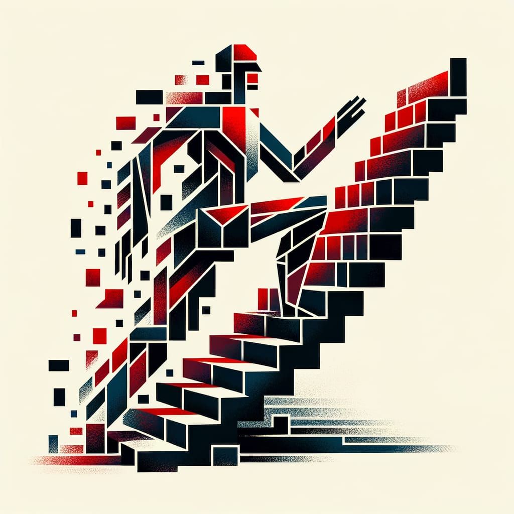 Cubist Staircase Descent in Red and Black