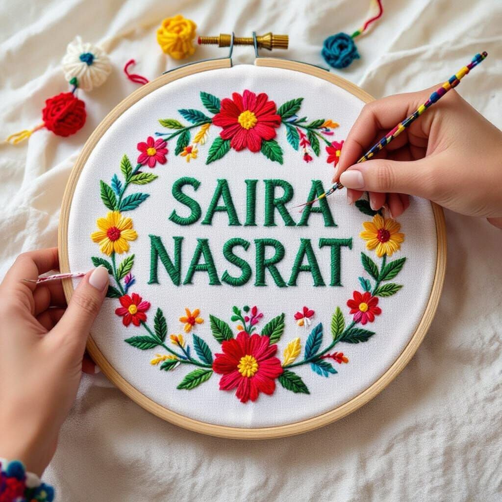 Embroidered Name in Round Frame, Folk-Art Style