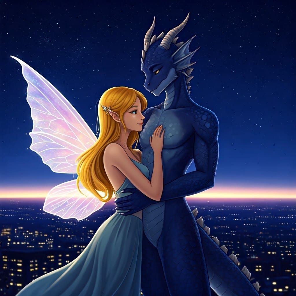 Fairy and Dragon Girl Couple Embrace Under Stars