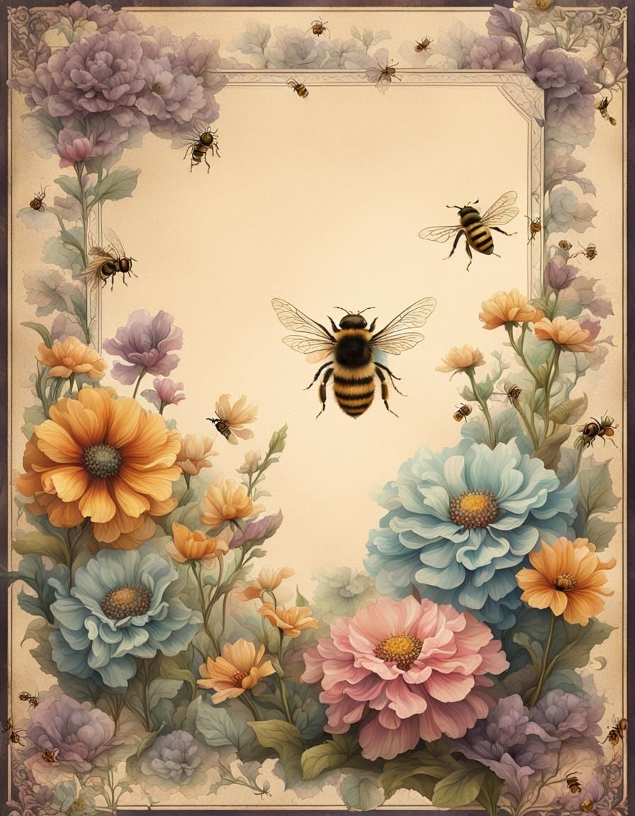Vintage Floral Notepaper with Bees, Digital Art