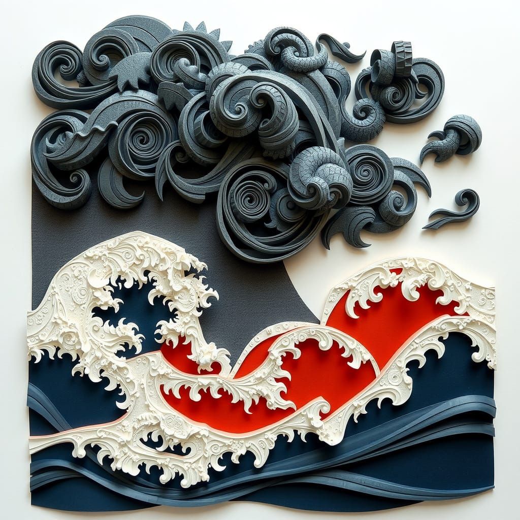 Turbulent Ocean Waves Crash into Paper Cup in Quilling Style
