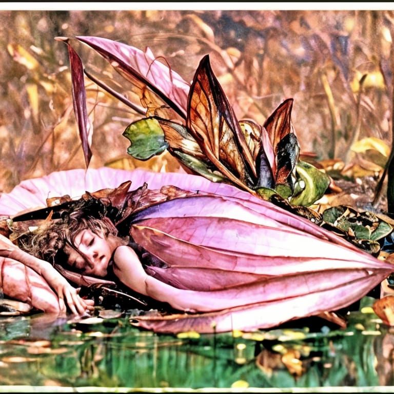 Whimsical Water Lily Scene with Sleeping Fairy