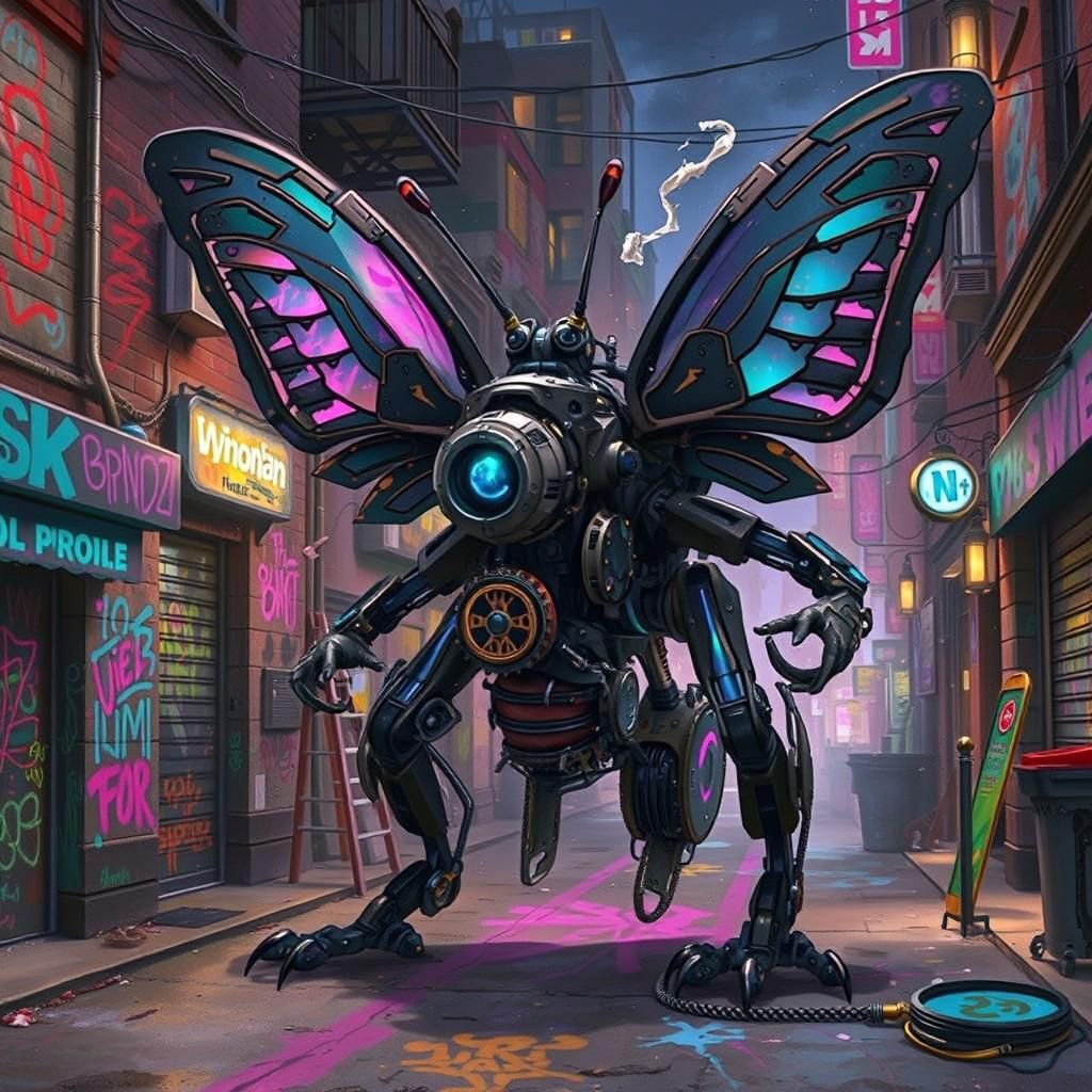 Mechanical Butterfly Graffiti Artist in Steampunk Style