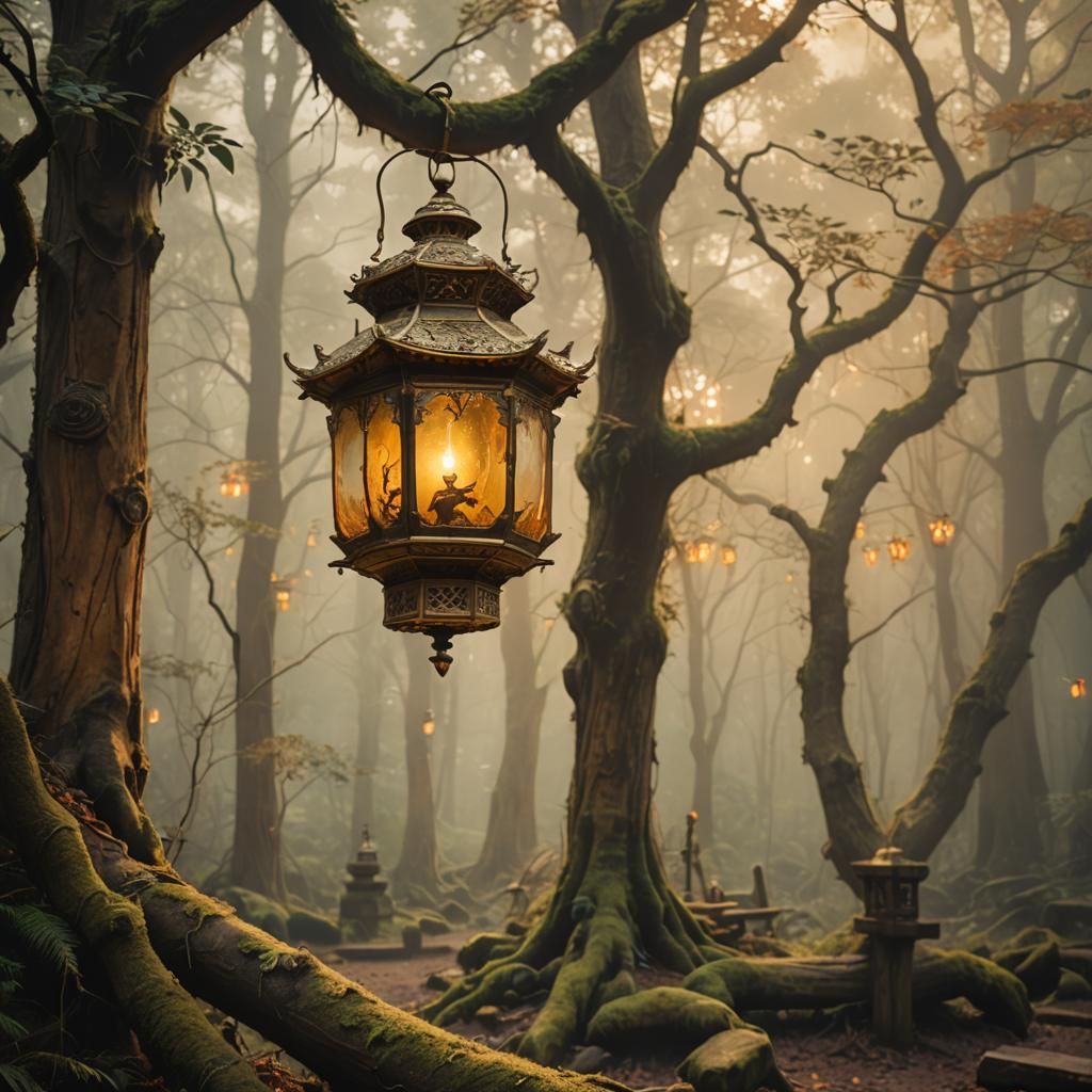 Mystical Forest: Luminous Antique Asian Amber Lantern