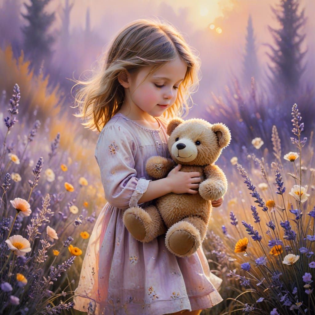Girl and Teddy Bear in Expressionist Watercolor
