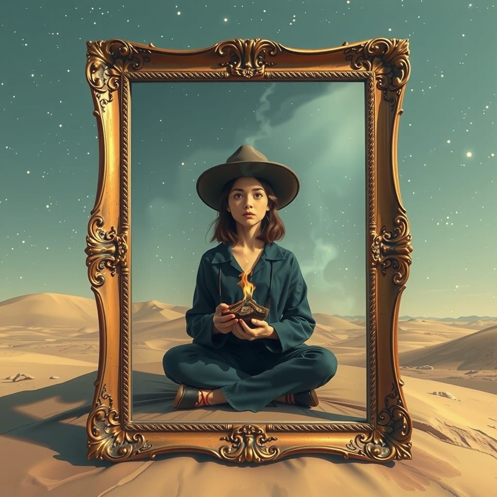 Figure by Campfire Gazing at Starry Sky