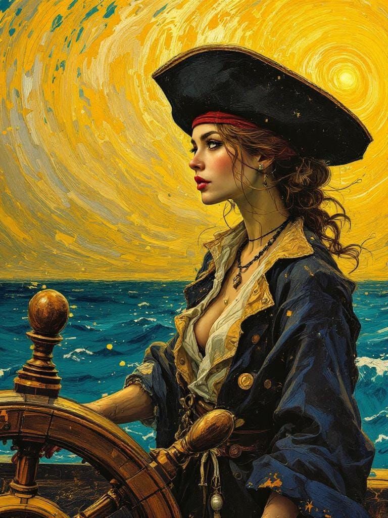 Pirate Captain Navigates Golden Sea in Van Gogh Style
