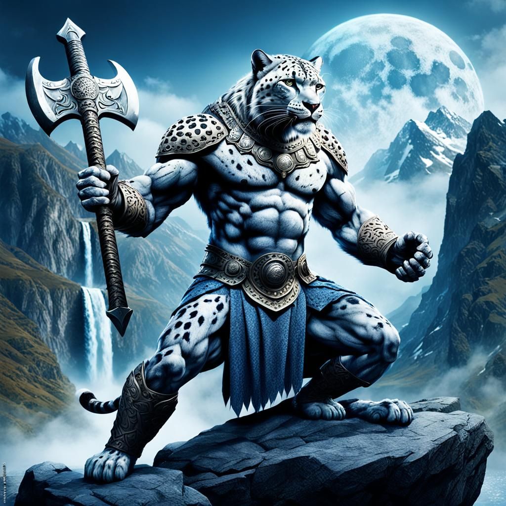 Armored Snow Leopard with Axes in Mythical Landscape