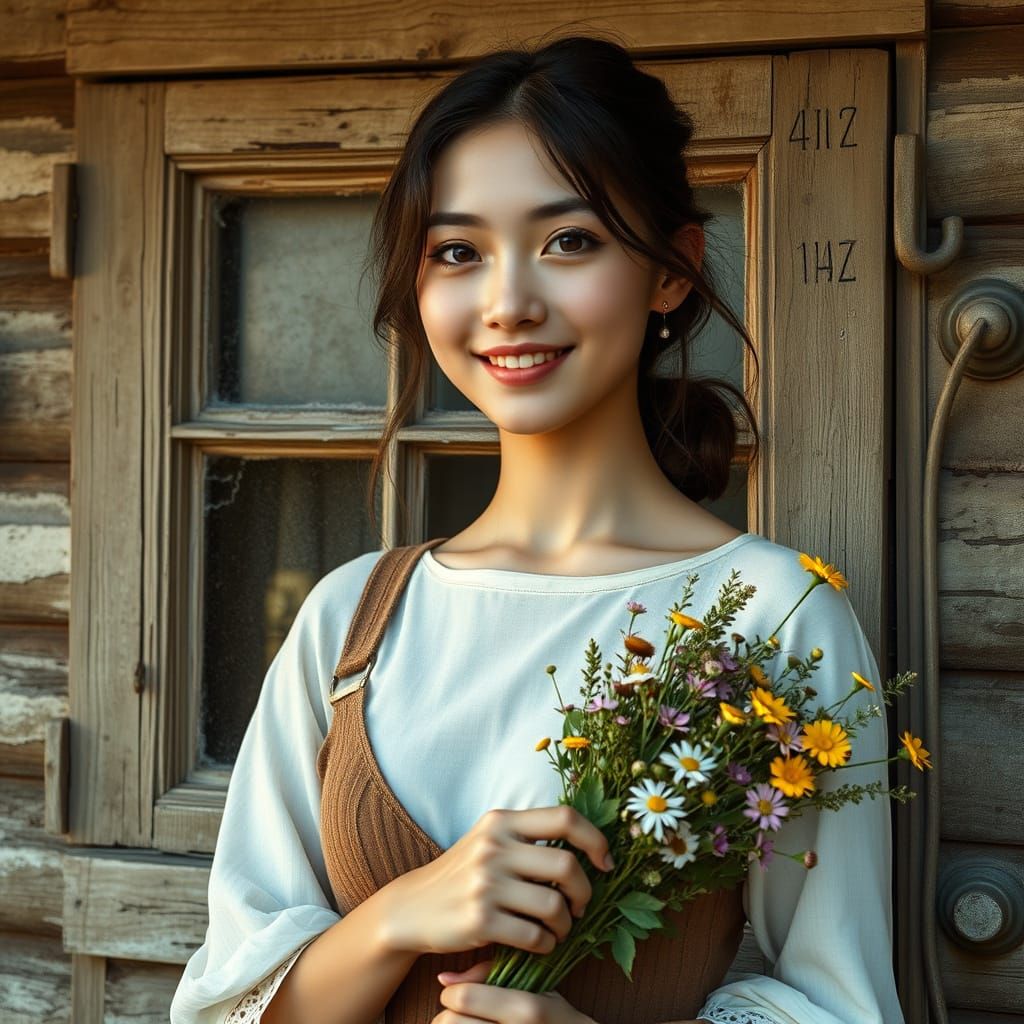 Young Woman with Flowers on Weathered Homestead