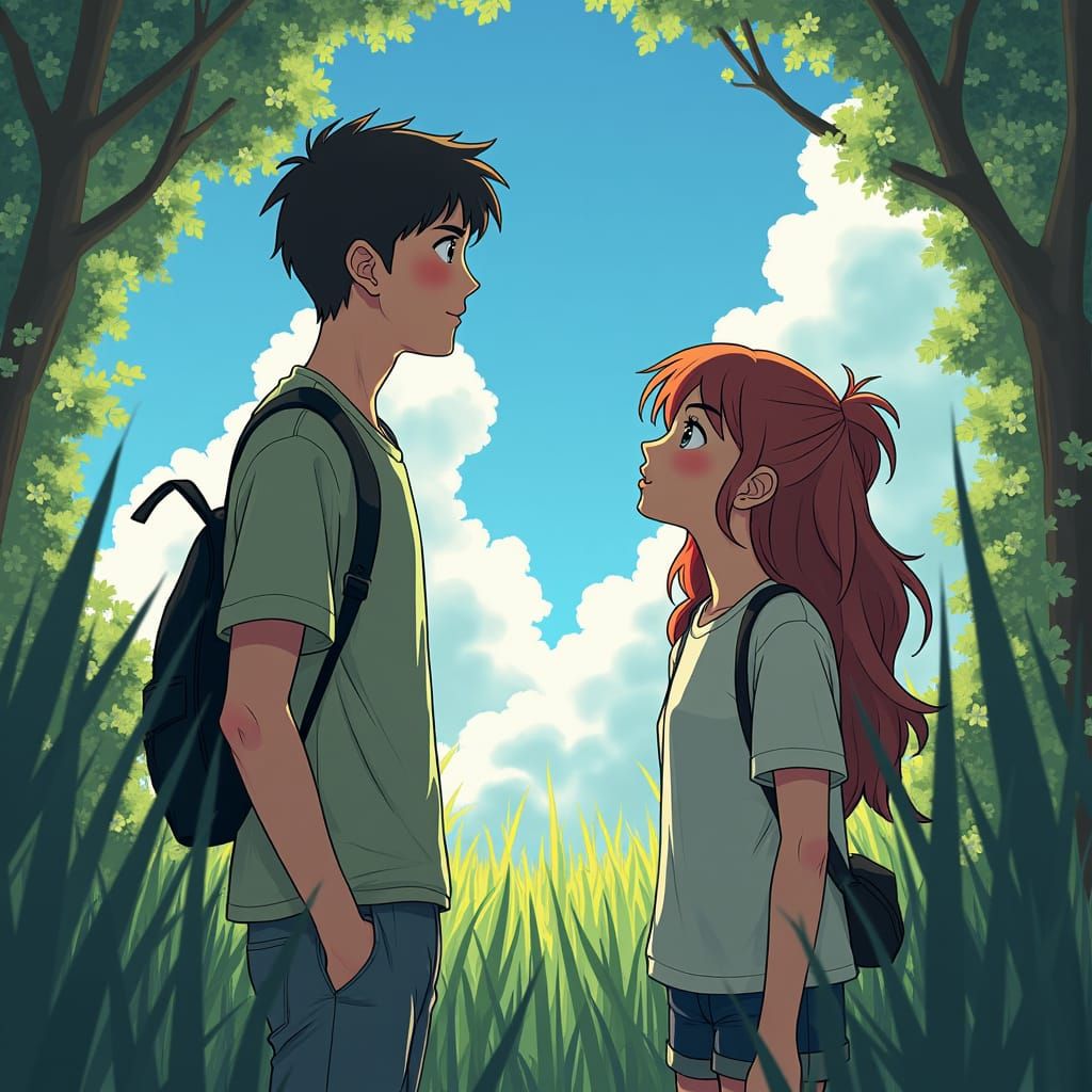 Young Man Observing Nature in Anime Style