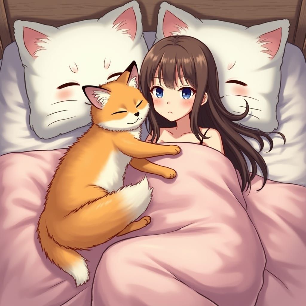 Anime Art: Cat & Fox in Bed with Human