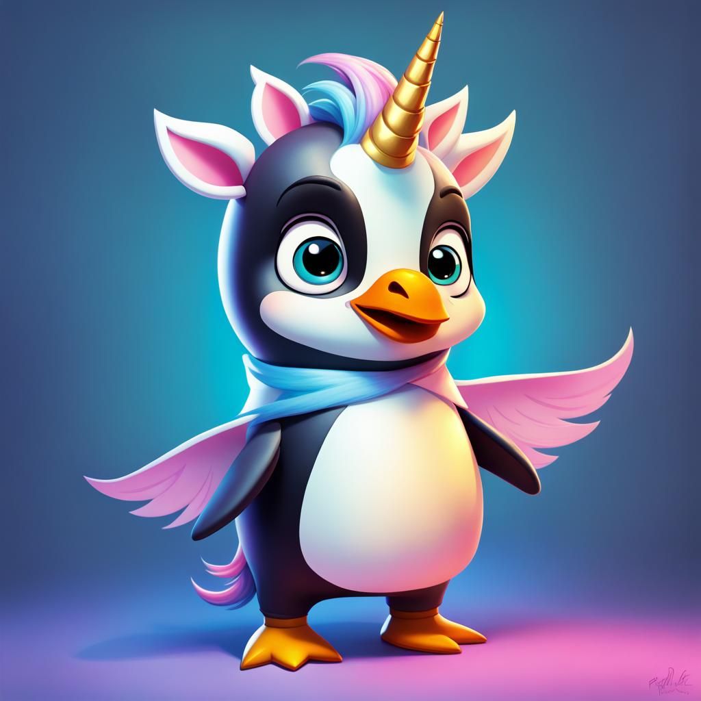 Penguin Unicorn Costume Party: 2D Cartoon Illustration