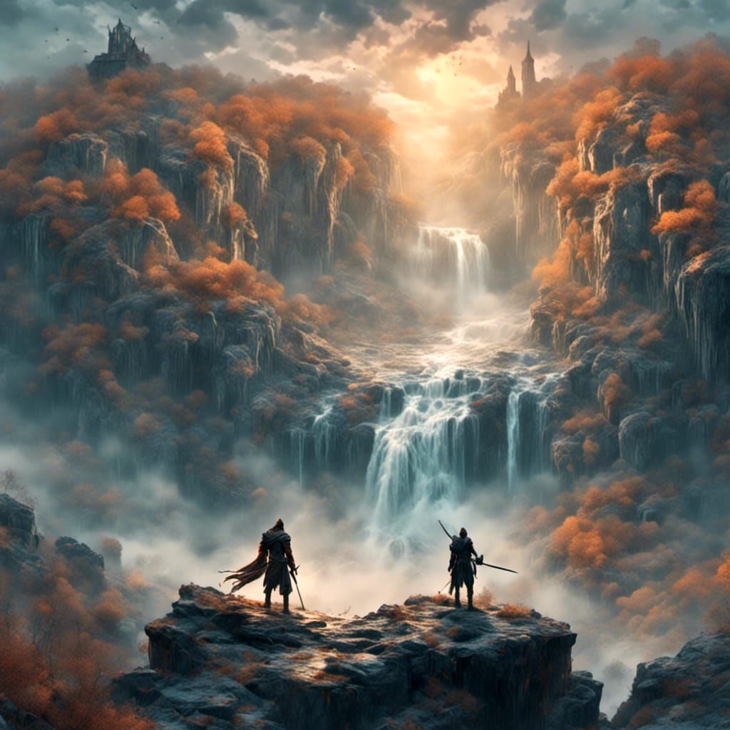 Brave Knight at Misty Waterfall in Fantasy Realm