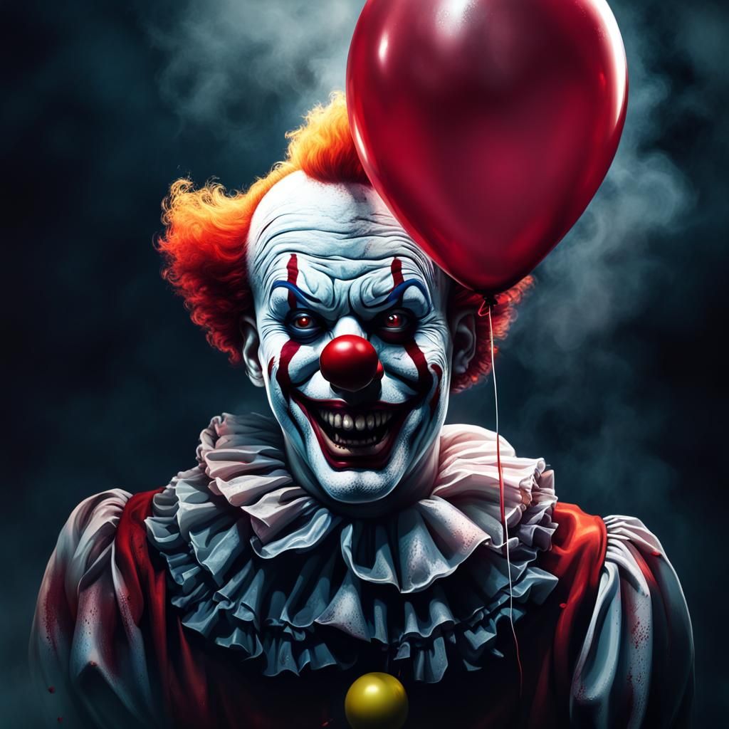 Scary Clown in Fog with Balloon: Hyperrealistic Art
