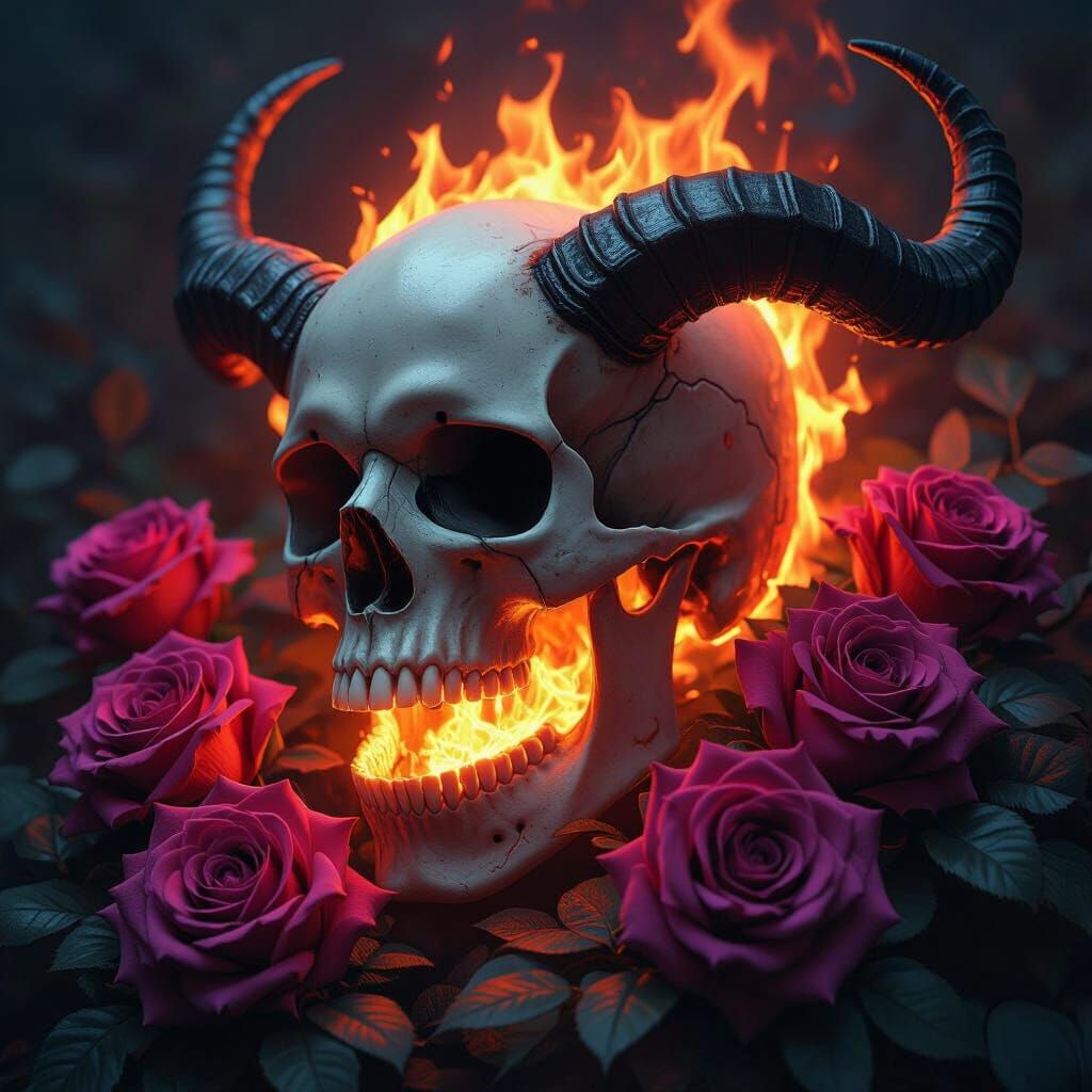 Fiery Skull with Roses in Dark Fantasy Style
