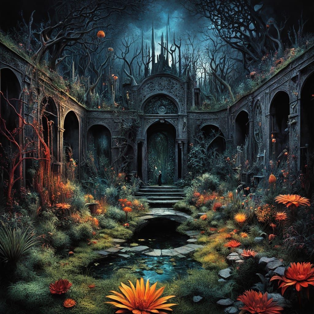 Dark Fantasy Creepy Garden in Glitch Art Style
