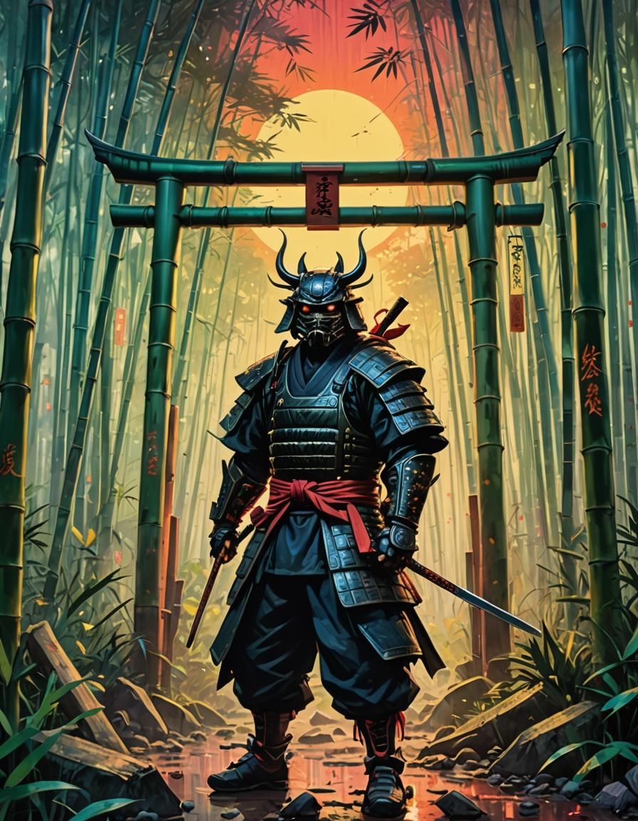 Samurai with Oni Mask in Graffiti Art Style