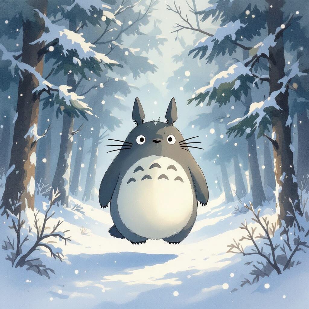 Ethereal Totoro Spirit in Snowy Watercolor Forest