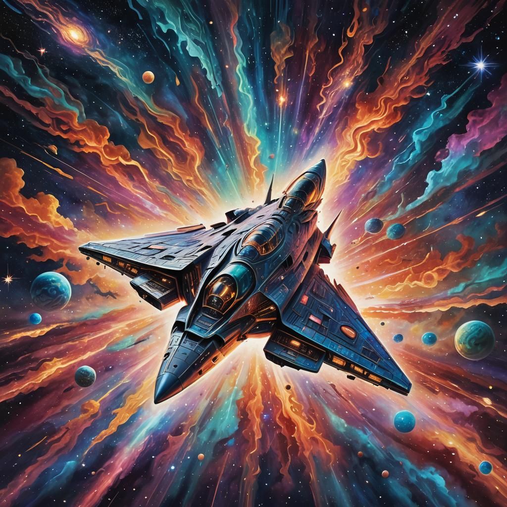 Cosmic Spaceship in Astral Sky, Psychedelic Illustration