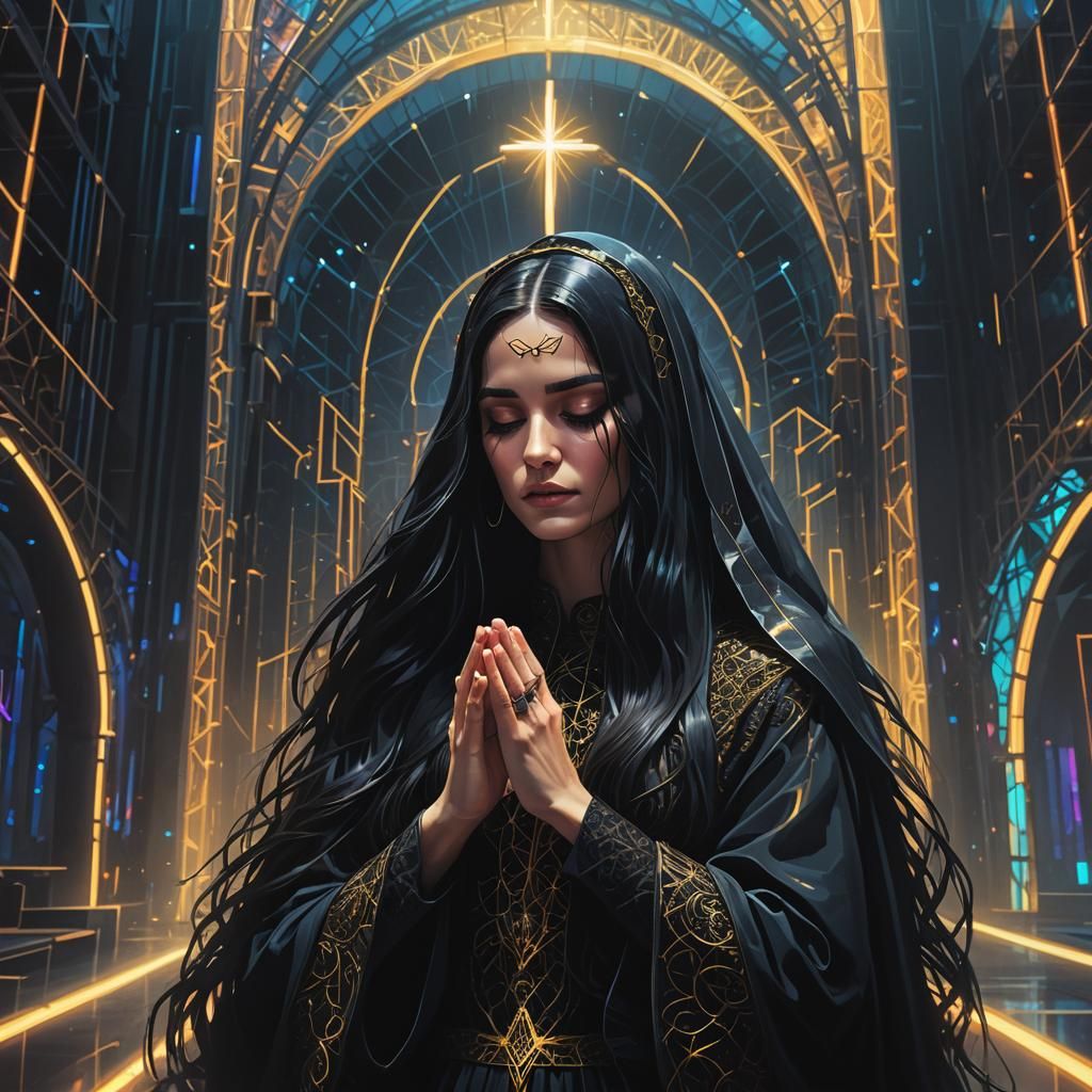 Woman Praying in Neon Cathedral: Synthwave Art