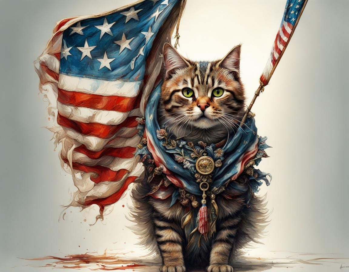 Patriotic Cat with American Flag, Hyperrealistic Photo