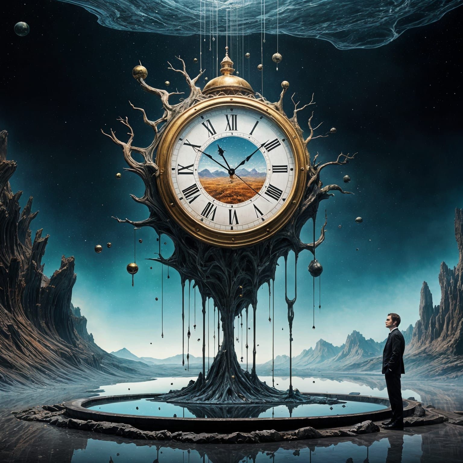 Surreal Landscape with Melting Clock and Mirror